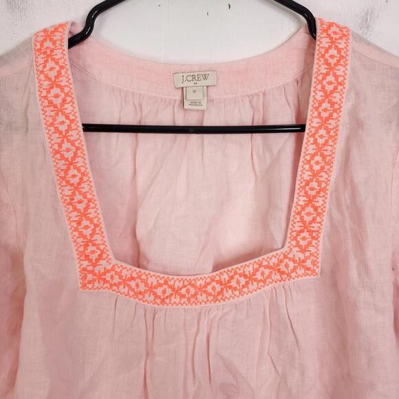 J Crew Top Womens M Linen Lightweight Square Neck Puff Sleeve Embroidered Trim - Picture 2 of 9